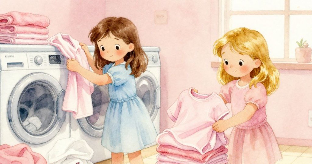 奧黛特與比亞攜手整理濕襯衫與歪斜毛巾,安撫洗衣房混亂,溫暖光線中展現合作與和諧