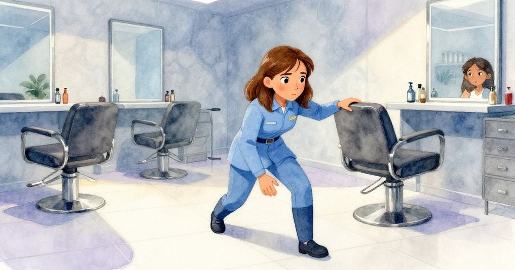 Luna在冰藍銀灰交織的髮廊中調整搖晃的椅子，動作果斷、表情堅定，場景充滿戲劇性對比。