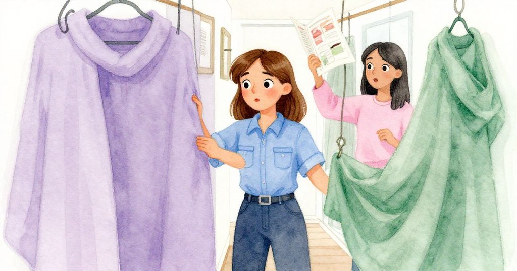 從背後角度看，Luna在狹窄走道中穿越纜線與披肩，背景中Yara翻閱雜誌，表情關切，現場互動明顯。