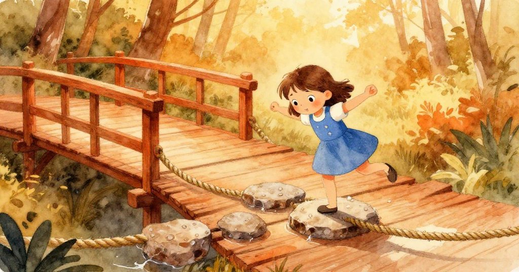 維拉在燃燒橘色陽光下小心平衡在潮濕木板上,背景有志工靜靜守候,充滿期待與勇氣。