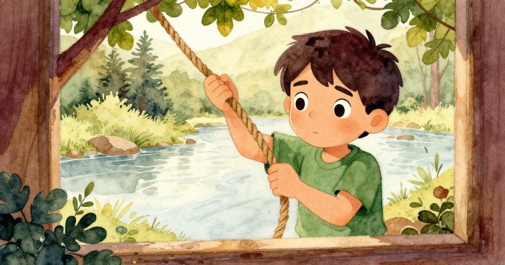 奧斯卡透過樹葉間的縫隙,緊握捲曲繩索注視前方,暖黃光線中展現堅決與期待。