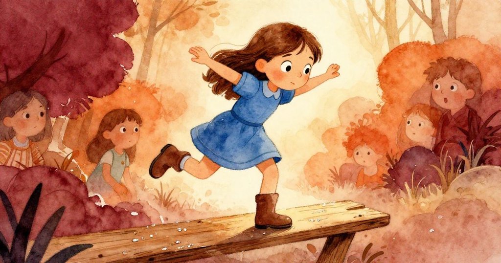 維拉發現與繩索的韻律契合,穩定地將靴子放在木板中央,清晨水滴閃爍中流露出輕鬆與喜悅。