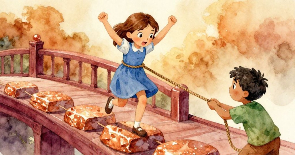 維拉穩步踏上閃亮石板,奧斯卡在旁穩拉繩索,雙人合作中透出成功與溫暖感。