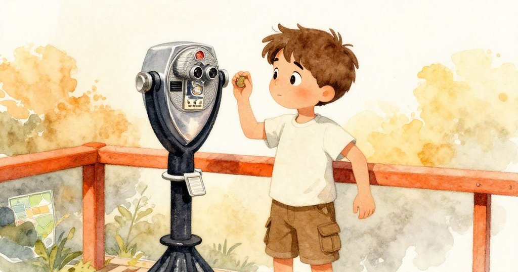 Jarvis站在地圖亭旁，扶著亮光木欄杆，專注地觀看投幣望遠鏡，手握硬幣，背景陽光明媚，呈現安靜開始的情境。