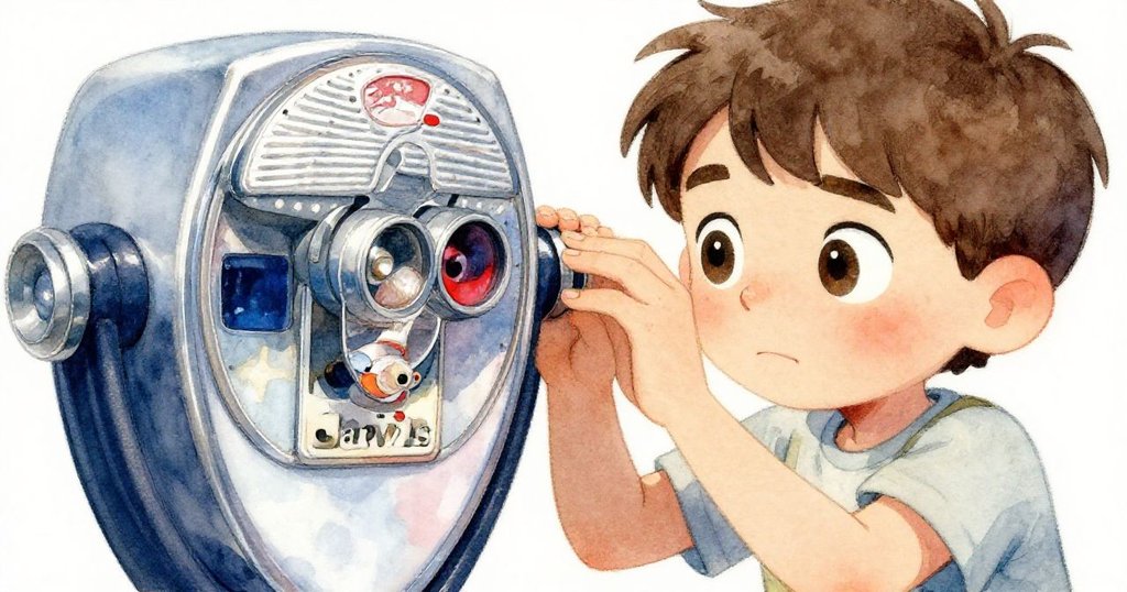 Jarvis的特寫畫面，凝視著投幣望遠鏡，眼中流露決心，手指微帶黏性，細膩呈現他探索的心情與物品細節。