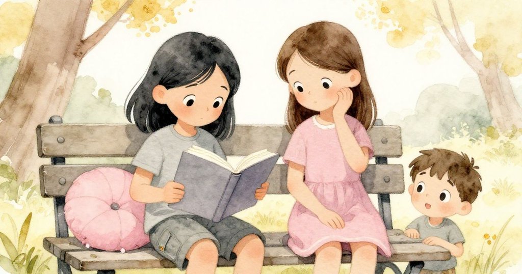 Alma安坐長椅上閱讀，而Jarvis偷偷張望，臉上流露出希望與猶豫，背景充滿柔和金黃與粉色調，展現情節發展。