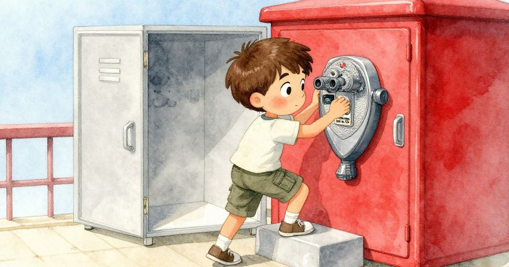 Jarvis在觀景台攀爬短階梯，手持硬幣注視著投幣口，旁邊儲物櫃半掩，窗外光線柔和，充滿動態與期待。