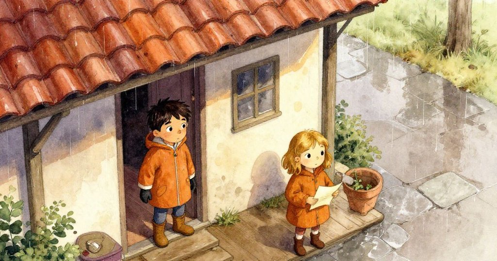 阿莫斯在雨中的門口注視著外面，葛蕾塔在室內整理報紙，從鳥瞰角度展示濕潤石板路和閃亮的屋頂，情緒寧靜。