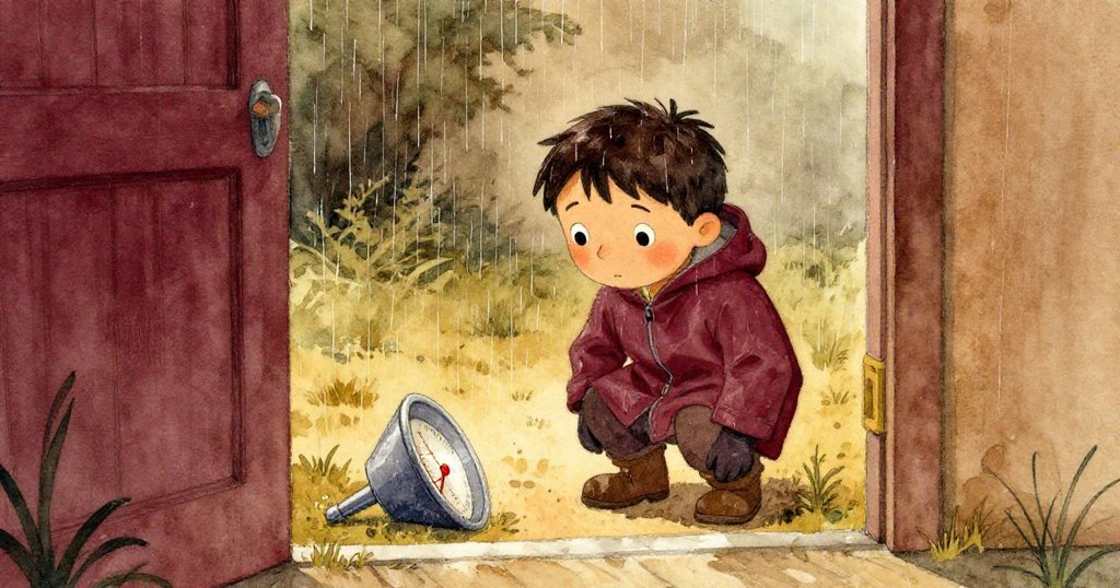 通過微開的門縫觀察，阿莫斯蹲著檢查雨量計，眼神專注，反映出他認真工作的秘密瞬間與溫暖室內外交織。