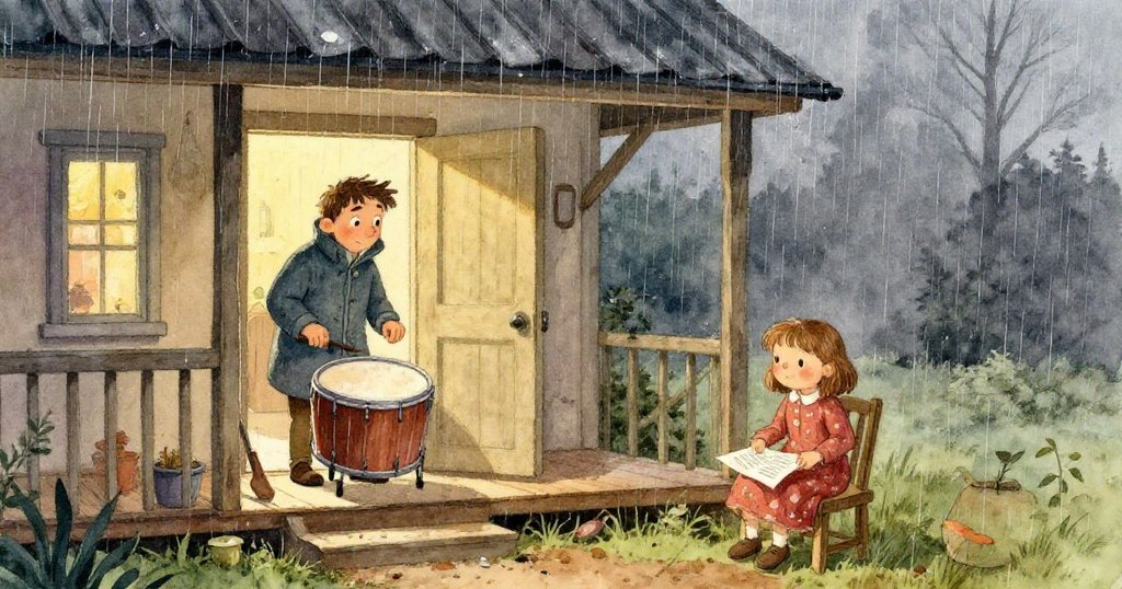 一個超現實的場景中，雨量計在彎曲玻璃下呈現扭曲倒影，雨滴與濕石交織出時間流逝的神秘畫面，情緒夢幻。