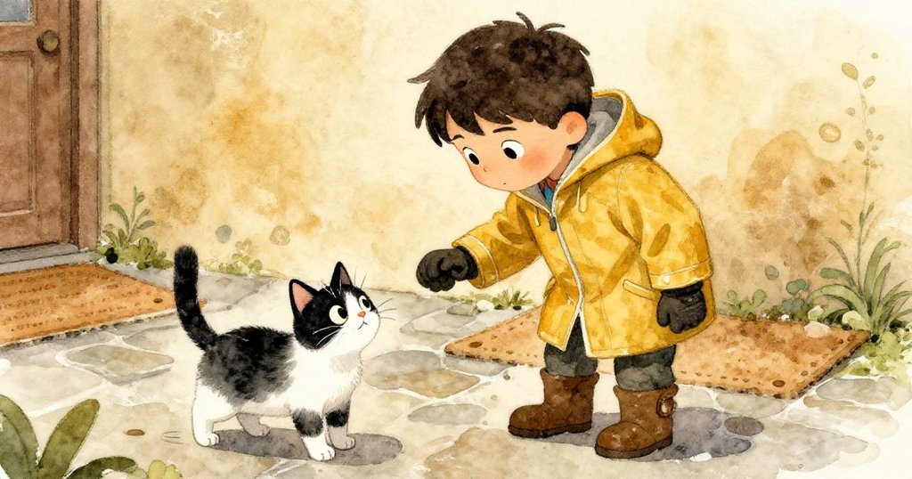 阿莫斯小心翼翼走出室外，黑白貓快速奔向室外乾淨門墊，反映出雨後石路上活潑而溫暖的互動瞬間，情緒俏皮。