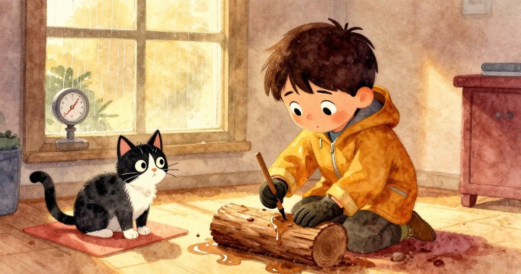 午後金色時分，阿莫斯回到室內在濕潤的登記簿上記錄，窗外雨量計與靜臥門墊上的貓相映，呈現溫暖、平靜的結局，情緒沉靜。