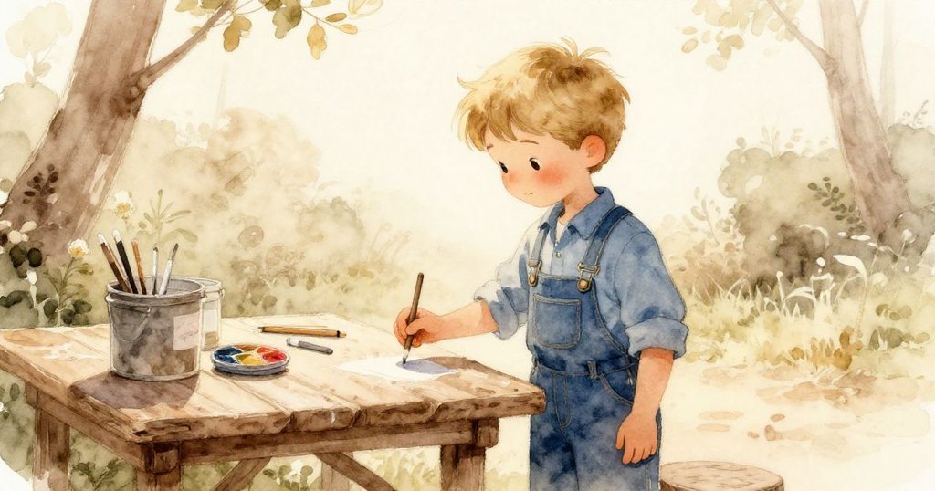 樂斯在戶外工作區用手指混合粉筆和顏料，神情專注且堅定，晨光柔和映照著他開始工作的環境。