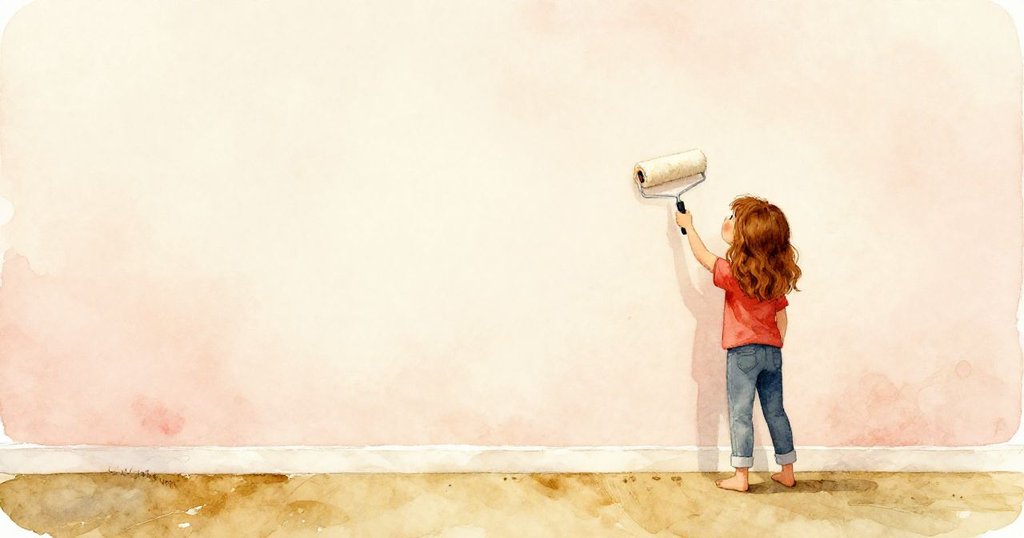 歐莉芙沿著空曠牆面使用滾筒上漆，背景留白強調她專注而輕盈的動作，透露出平靜與堅定。