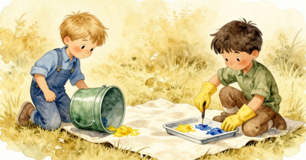 樂斯和弗洛伊德在戶外畫室同時工作，一邊調製顏料、一邊處理傾斜的綠色桶，動作協調且充滿緊張氛圍。