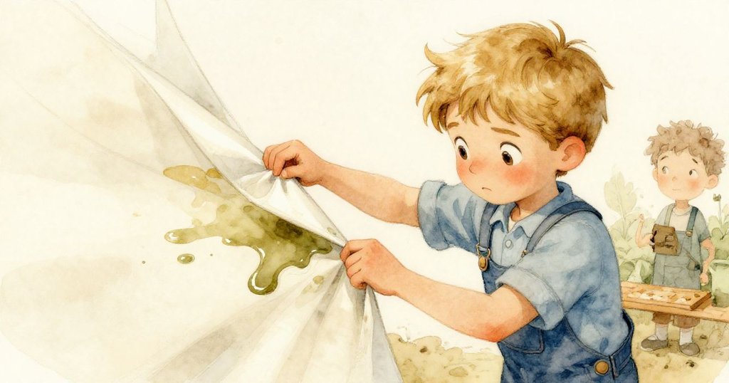 樂斯果斷地調整布角，嘗試引導溢出的油漆流向，他的眼神堅定，環境中散發出面對挑戰的決心和活力。