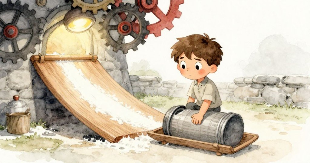 昆因在老磨坊中滑動滿半的穀倉，注視由金屬切出的麵粉痕跡，神情專注且環境古樸