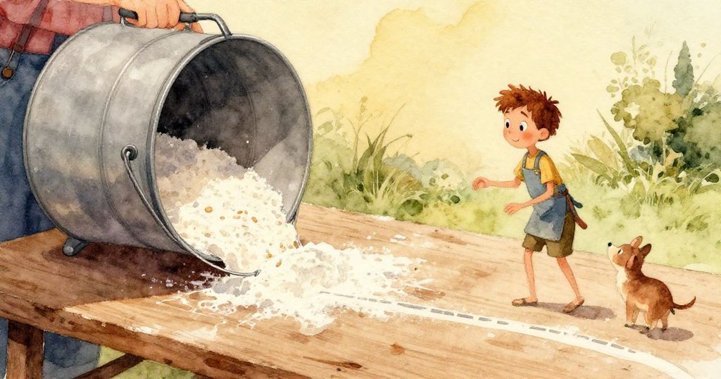 昆因跪下用兩指輕觸麵粉線條，近景展現皮膚上附著溫暖麵粉，神情細膩認真