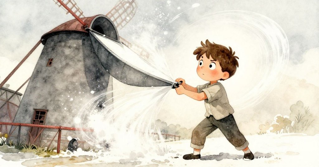 昆因在振動的布管旁努力調整，動態鏡頭捕捉麵粉飛揚與急促風勢，場面緊張有力