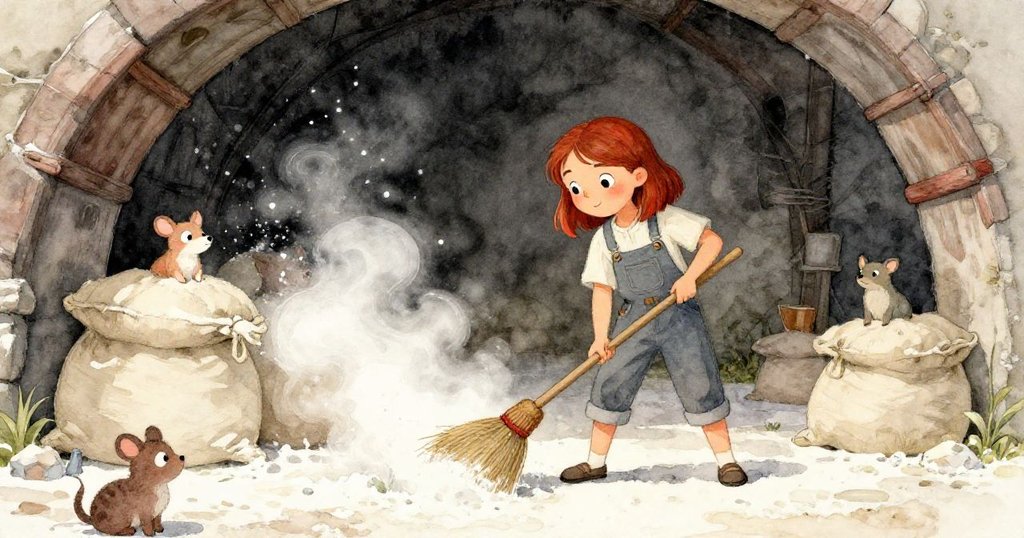 芙莉達在隱蔽角落揮掃帚清理麵粉雲，周圍麵粉袋和小動物靜觀，場景神秘且生動