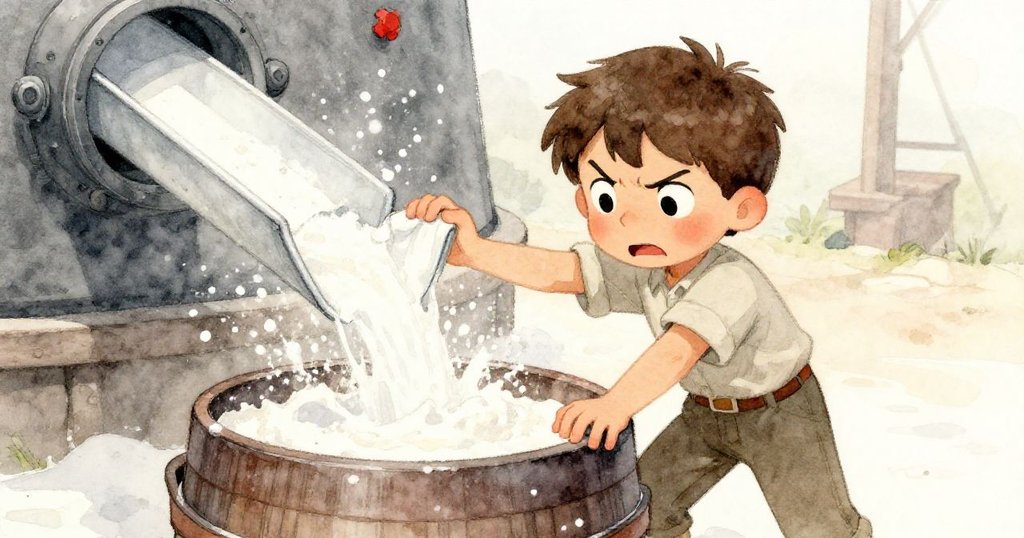 昆因皺眉全神貫注固定布管，近景清晰呈現臉上緊張與決心，麵粉與機械背景形成強烈對比