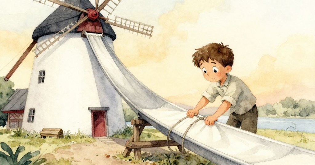 昆因穩健站立完成布管調整，溫暖金光灑滿磨坊全景，麵粉漸歇結束忙碌一天，氣氛寧靜滿足