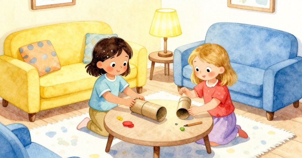 珍珠在起居室中放入書皮，維拉撒彈珠，燈光照耀，展現實驗開始探索旅程的快樂與動作。