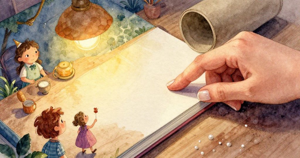 珍珠伸手感受光滑帶砂質書皮，燈光反射細膩質感，展現實驗起步的專注與細節。