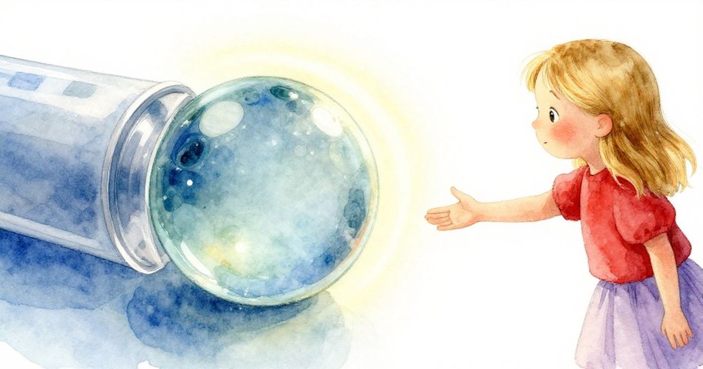 維拉輕放彈珠，玻璃球反射微光，展現實驗細節，場景寧靜，透露期待與靜謐感。