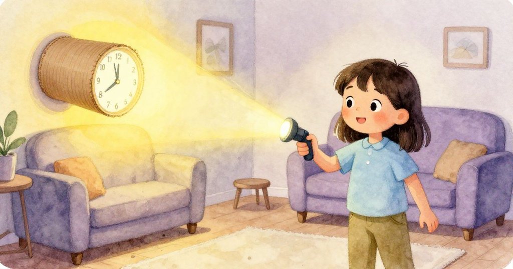 珍珠握著手電筒，溫暖燈光中紙管微變形，呈現時光流逝與實驗環境逐漸轉變的氛圍。