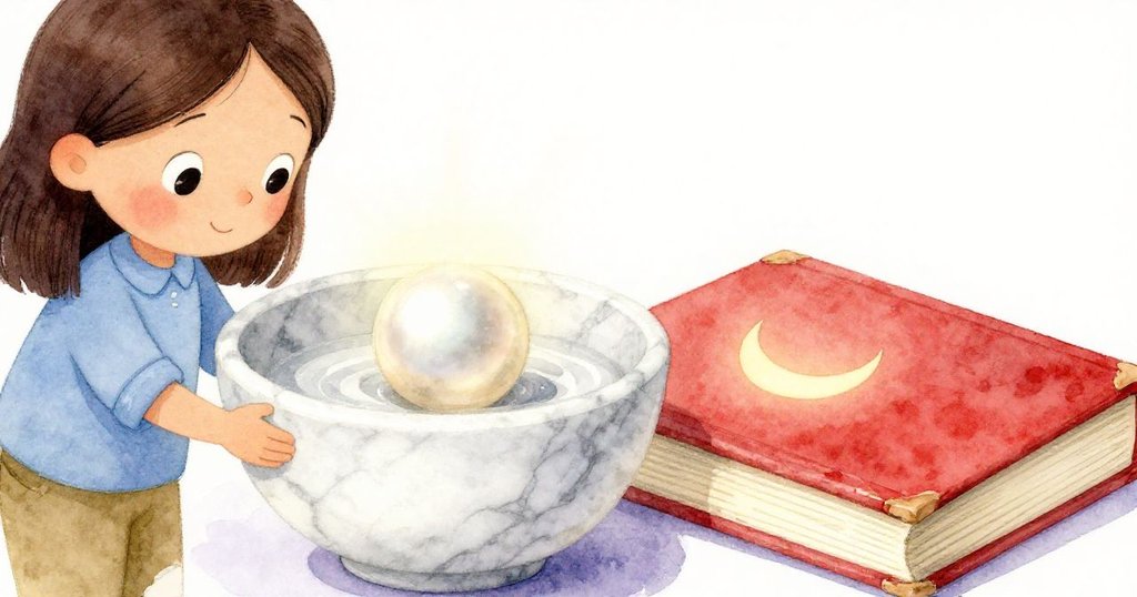 彈珠穩定落碗中，書皮新月痕跡閃爍微光，象徵實驗旅程完美結局，充滿溫馨與滿足。