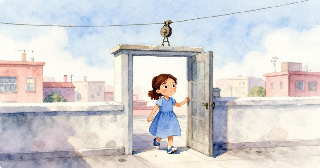 弗里達走進屋頂入口，伸手觸摸晾衣繩輪，背景是明亮都市屋頂，表情充滿好奇與期待