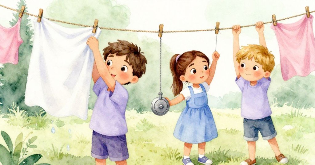 茲安德在背景舉起濕布，弗里達調整繩子，屋頂上木製衣夾和舊繩交織，畫面層次豐富