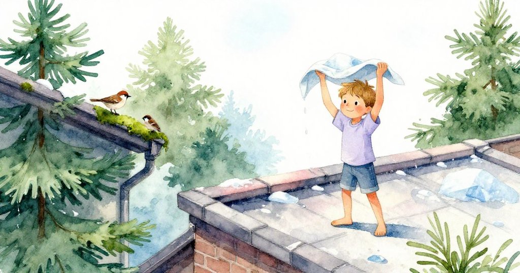 茲安德在陽光明媚的屋頂調整濕布，旁邊麻雀飛舞於青苔排水溝，畫面充滿生機與自然互動