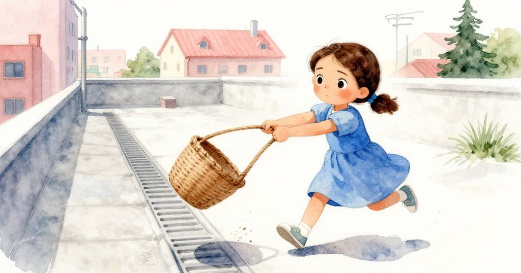 弗里達見到木衣夾滑向排水口，急速揮動籃子阻止危險，表情既擔憂又堅定，屋頂現場緊張而生動