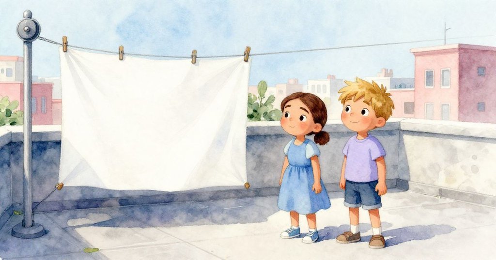 屋頂全景展現平靜，弗里達與茲安德站在整頓好的繩衣旁，環境中細節豐富，氣氛由緊張走向輕鬆滿足