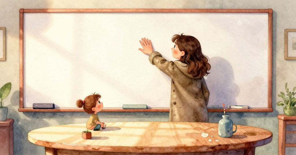 蓓瑪（Gemma）在明亮午後陽光中，輪廓映在會議室裡，白板、橢圓桌及銅色時鐘呈現溫暖質感，開始進行工作。