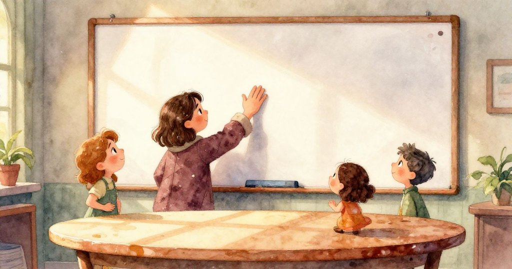 蓓瑪（Gemma）近距離特寫展現她注視著近乎枯竭的馬克筆，神情中透露出些許憂慮，背景中的白板和柔和光線增添溫馨氣氛。