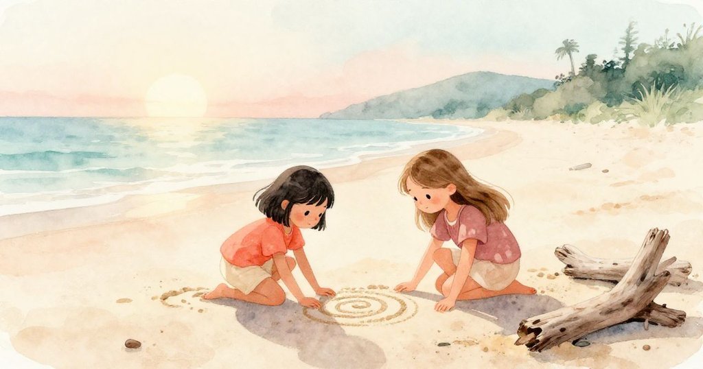 Holly和Yara在黎明海灘上互動,Holly用木枝觸碰沙子,Yara仔細描繪螺旋,充滿期待與寧靜