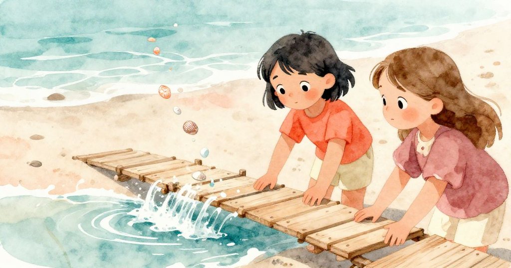 Holly與Yara在海邊調整木板橋,觀察海浪推動木板與貝殼紛飛,場景充滿動感與專注