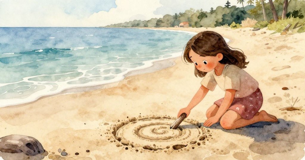 從高處俯瞰海灘,展現Holly與Yara觀察螺旋圖案,沙中橋樑穩固,背景寧靜美麗