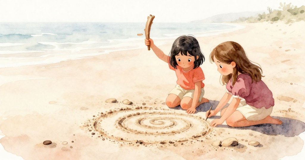 Holly和Yara在寧靜海灘上欣賞完成的螺旋藝術,Yara高舉木片如小旗,夕陽溫暖映照,氛圍平和美好