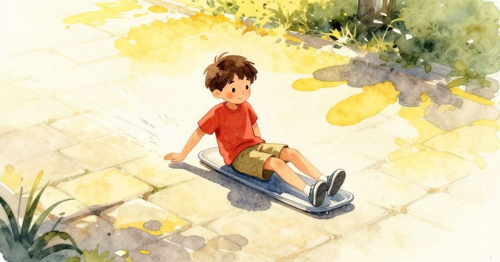 喬納斯在陽光下滑過暖石板，動作充滿活力，背景明亮、剪影清晰，展現冒險與好奇的開始。