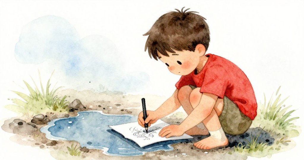 喬納斯蹲在縮小的水窪邊，用木炭在筆記本上記錄礦脈線條，專注中露出創作的認真表情。