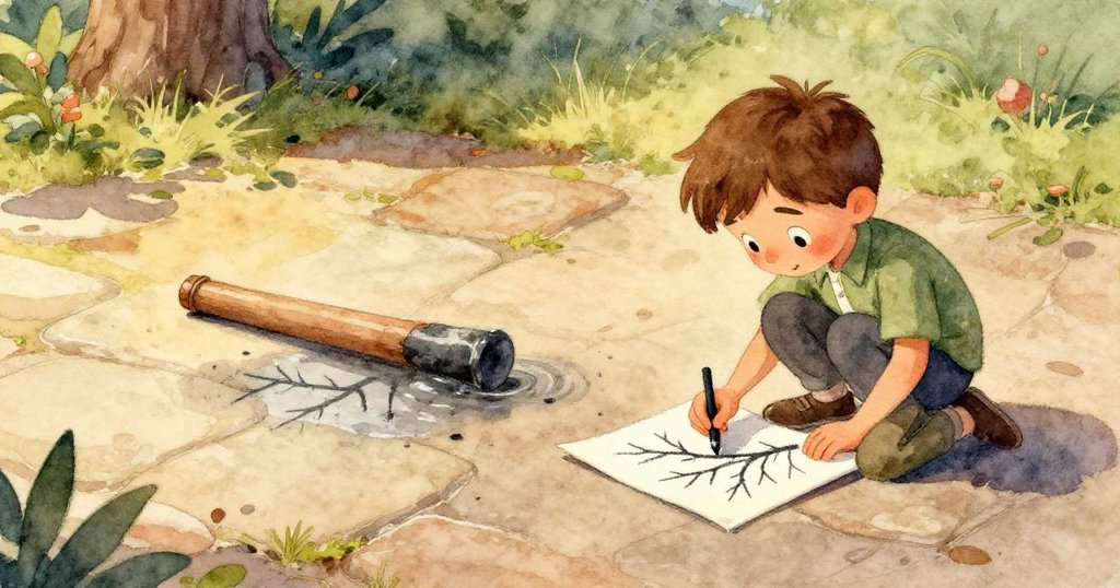 滴水擊中後形成水環，一片小葉在清水中漂浮，彷彿駕駛小船，呈現出自然奇幻與微妙時刻。