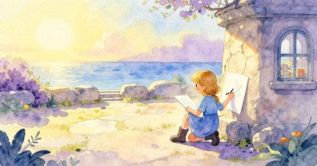 朵恩抵達觀察石，跪下速寫光影變幻，環境中透出溫暖光線與季節變化氣息，充滿探索之情。