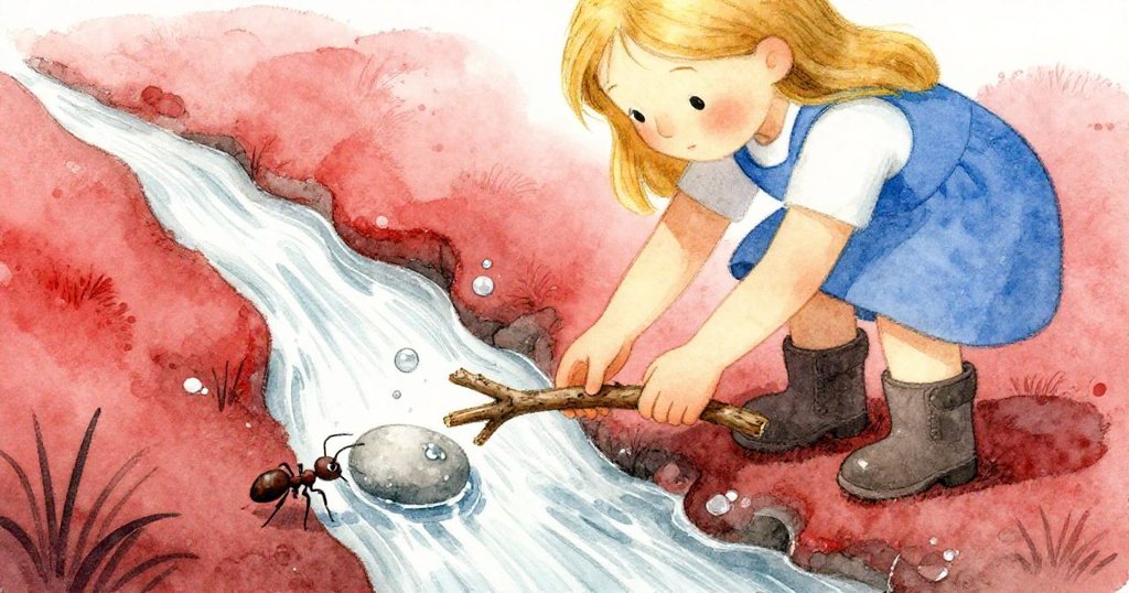 朵恩用樹枝輕擋水流，附近石上水珠和小螞蟻相伴，展示自然細節中的因果互動與溫柔創造。