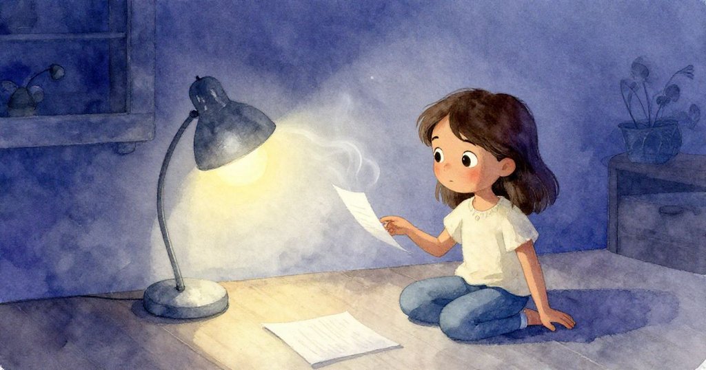 Nadia站在晨霧中，臉上流露著好奇與專注，室內柔光中桌燈和紙張輕舞，營造出靜謐溫暖的氛圍。