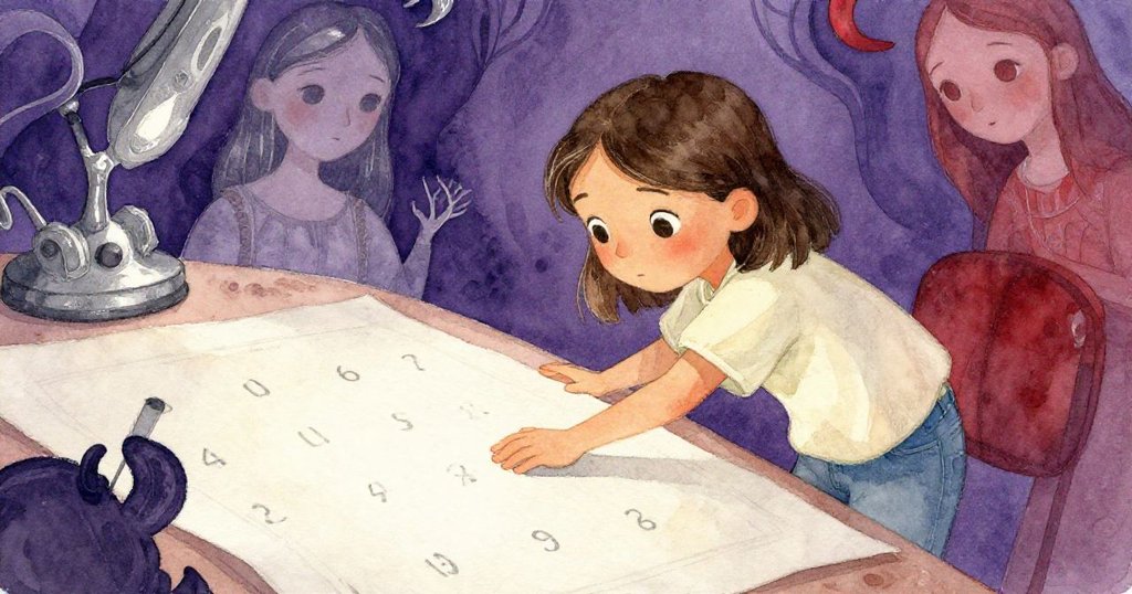 Nadia專注地伸手取向桌上淡色紙條，紙上數字若隱若現，燈光下呈現神秘意象，充滿期待與決心。