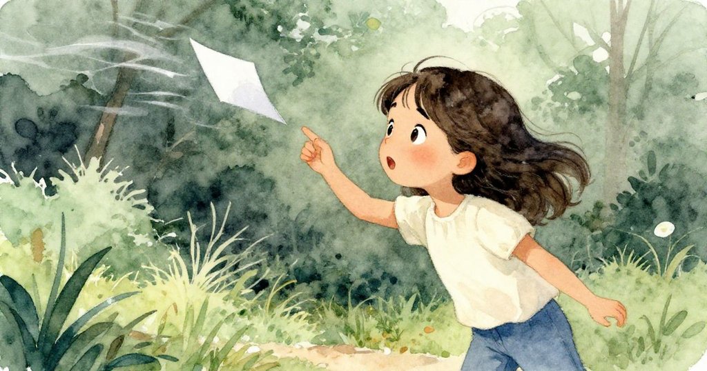 Nadia透過桌上零散物品的縫隙注視著紙條隨風飄動，神情中帶著驚喜與堅定，營造動態細膩的情景。